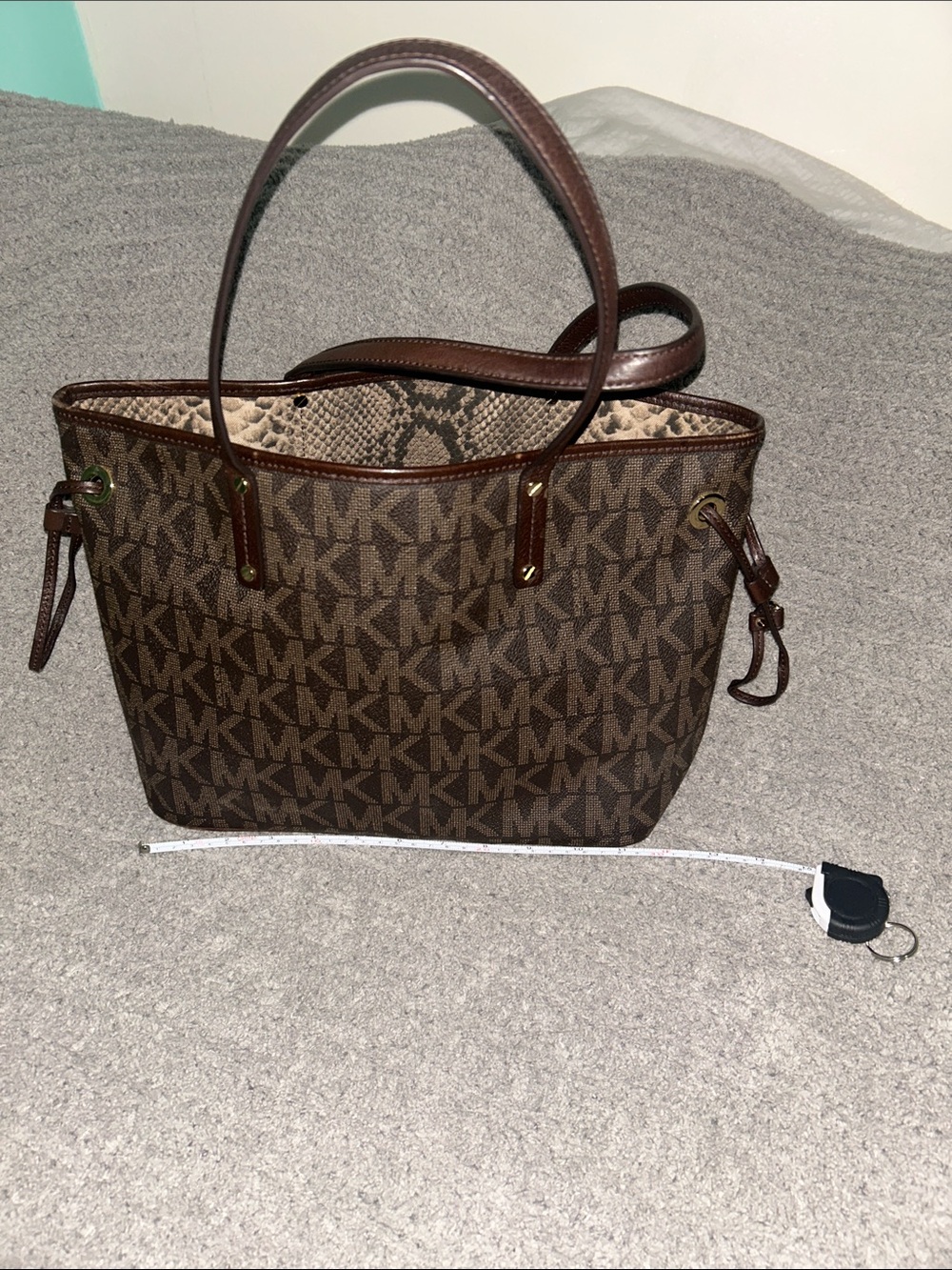 Michael Kors Brown MK Logo Tote with Dark Brown Trim Reversible Tote with wallet